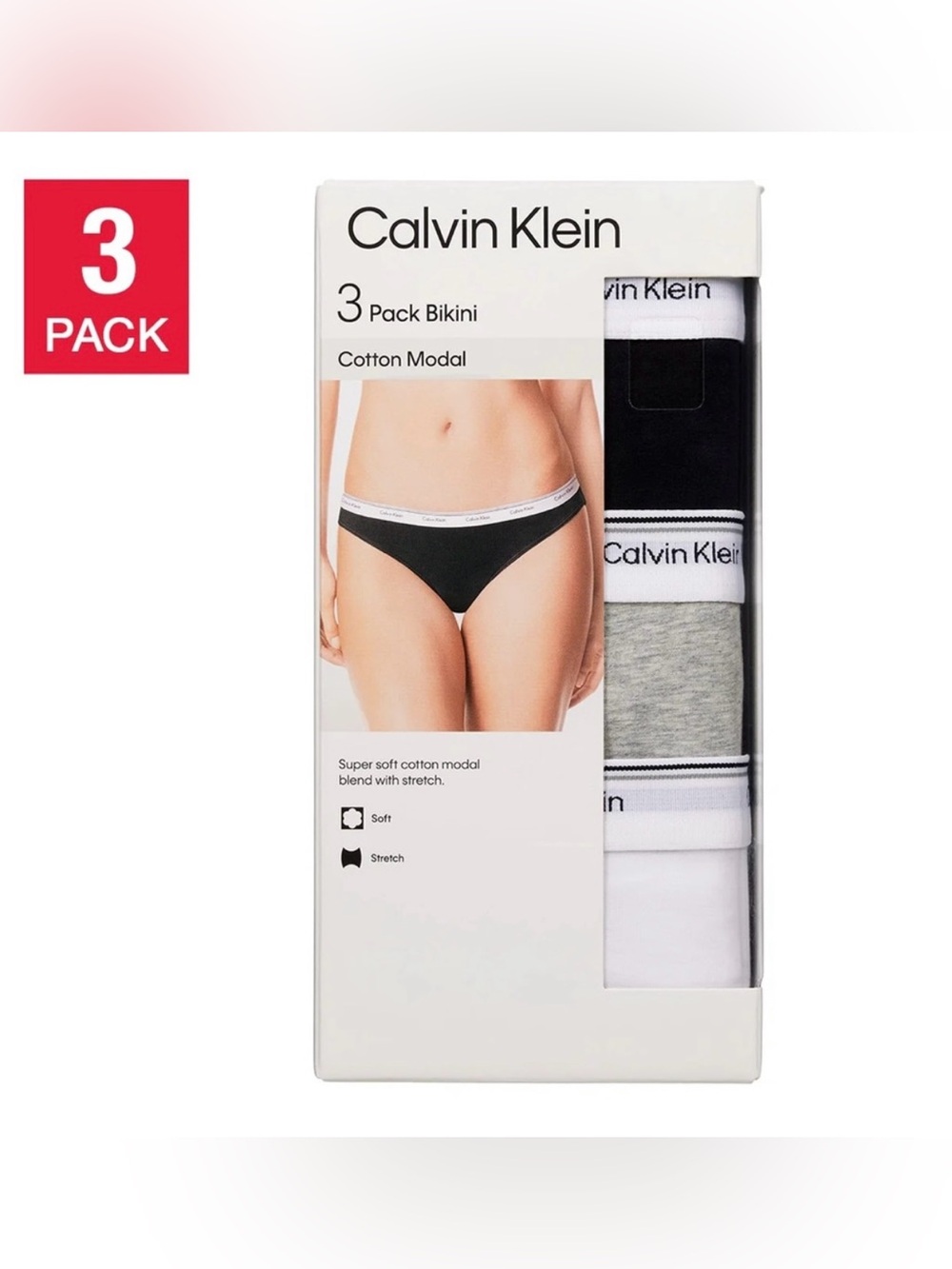 Calvin Klein Women’s Bikini Underwear 3 Pack Black/Gray/White Cotton S,M & L